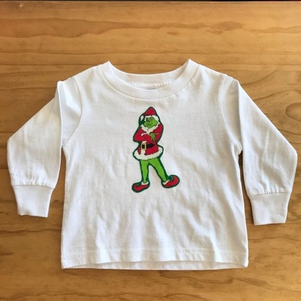 Rabbit Skins Grinch Christmas White Long Sleeve Top- Kids Size 2- 100% Cotton